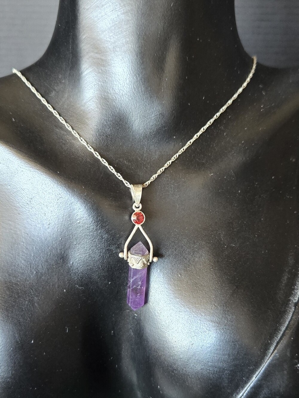 Sterling Amethyst Point Pendant Necklace with Red Accent